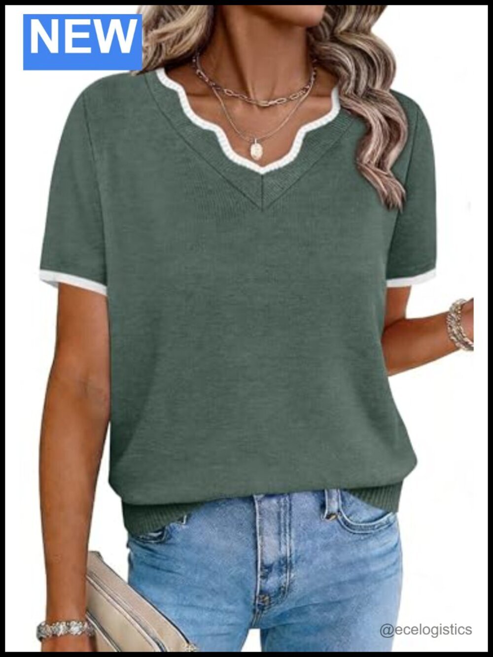 V Neck Short Sleeve Lightweight Knit Pullover Sweater Business Casual Top